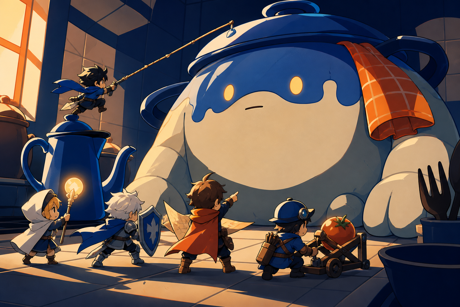 A tiny chibi rescue squad facing an enormous but harmless kitchen monster, at the moment separate actions connect into one clear plan. Wide ensemble action tableau with each role readable independently. Cobalt, persimmon
