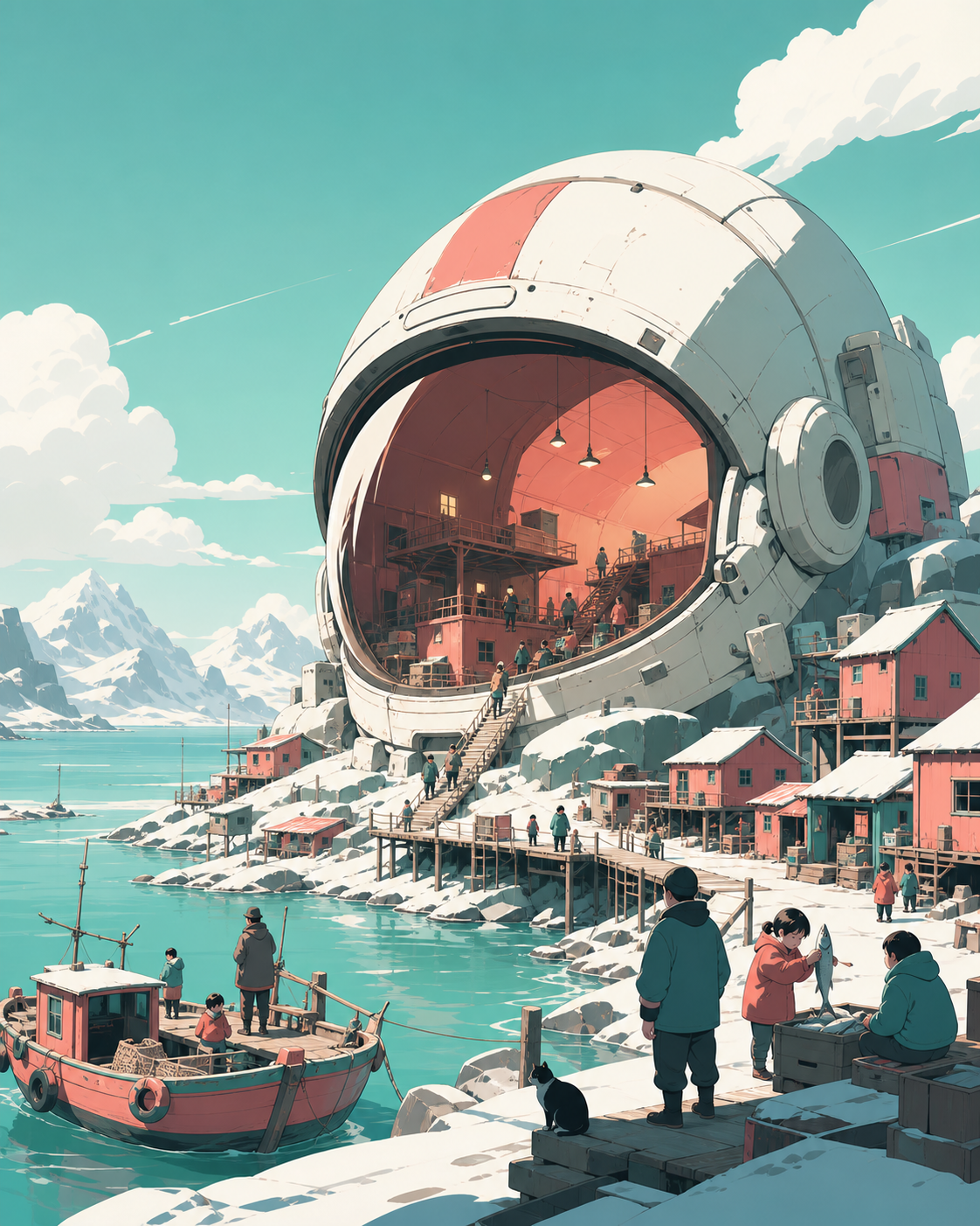 A fishing village living around a colossal abandoned astronaut helmet, in clear daylight so scale relationships remain immediately readable. Epic wide frame contrasting tiny civilization with one giant object. Celadon, c