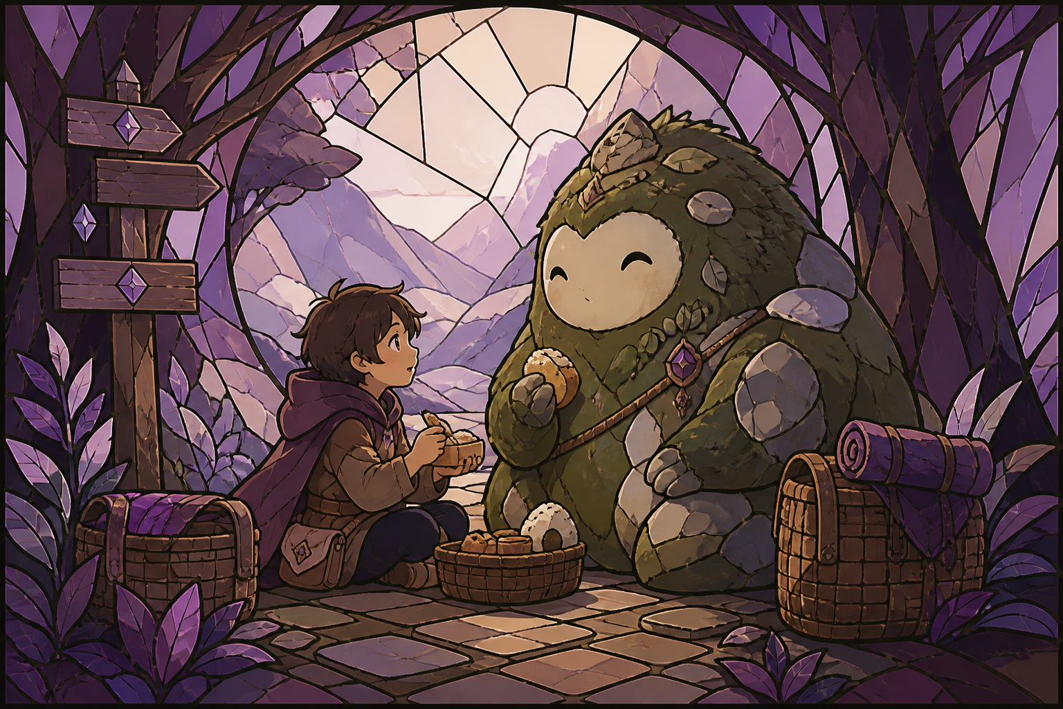 A child sharing lunch with a round moss guardian beside a path, after a misunderstanding turns into a new friendship. Eye-level storybook frame centered on the unlikely friendship. Mulberry, tea brown, tarnished silver, 