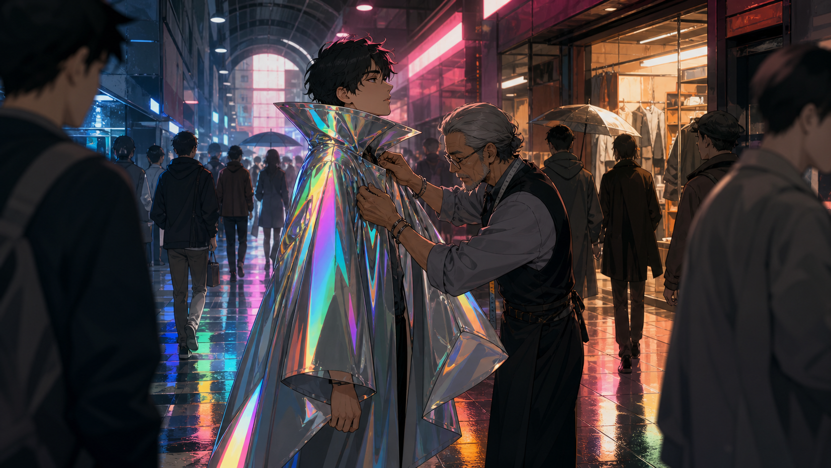 A tailor fitting an impossible coat in a crowded underground arcade, just after rain leaves every street reflecting a different color. Observational street-level frame with foreground movement and a clear focal story. Mo
