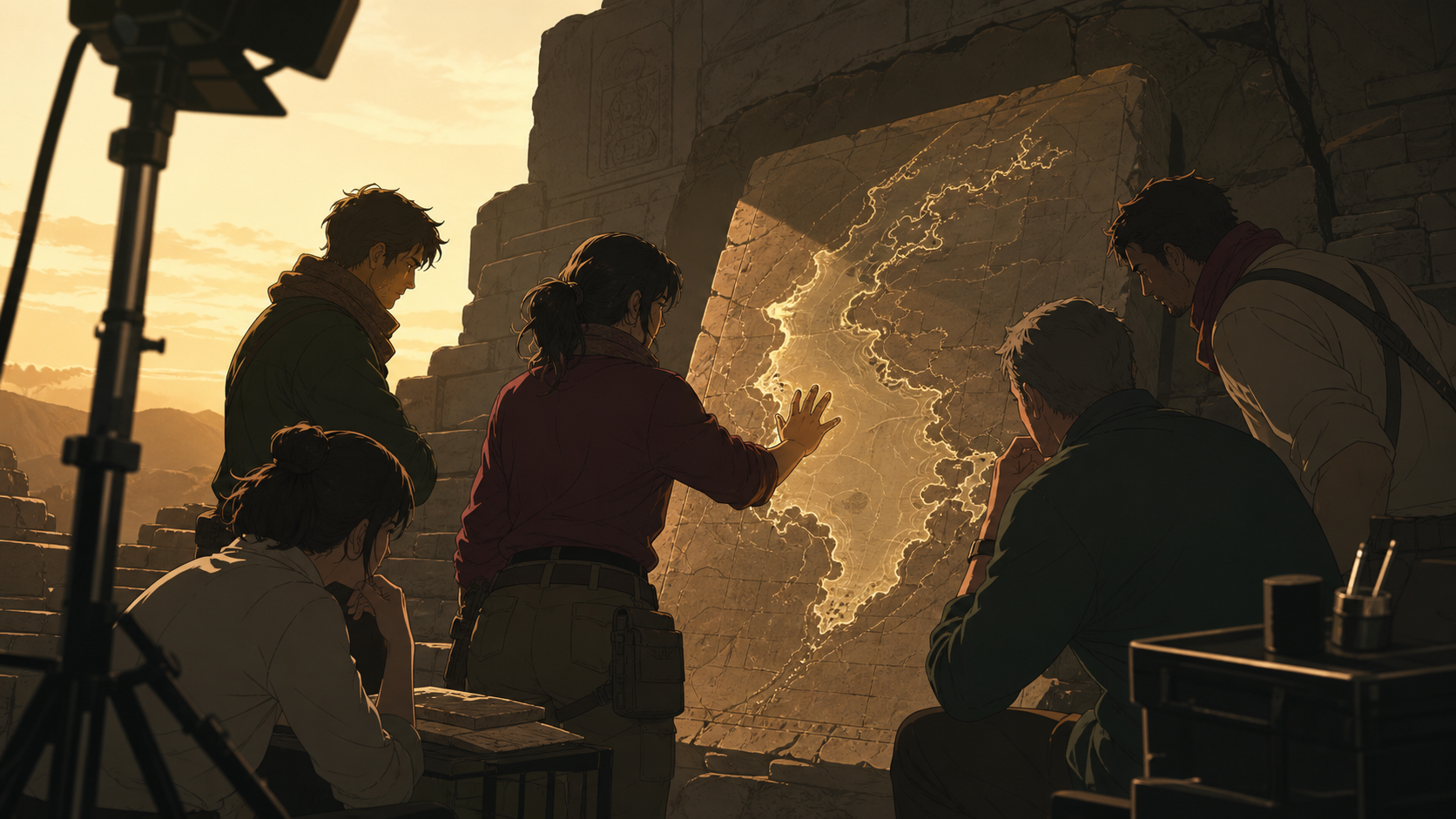 A linguist activating an ancient map that depicts tomorrow's coastline, with the team quietly comparing evidence around one central discovery. Over-the-shoulder reveal framed by excavation equipment. Burgundy, midnight g