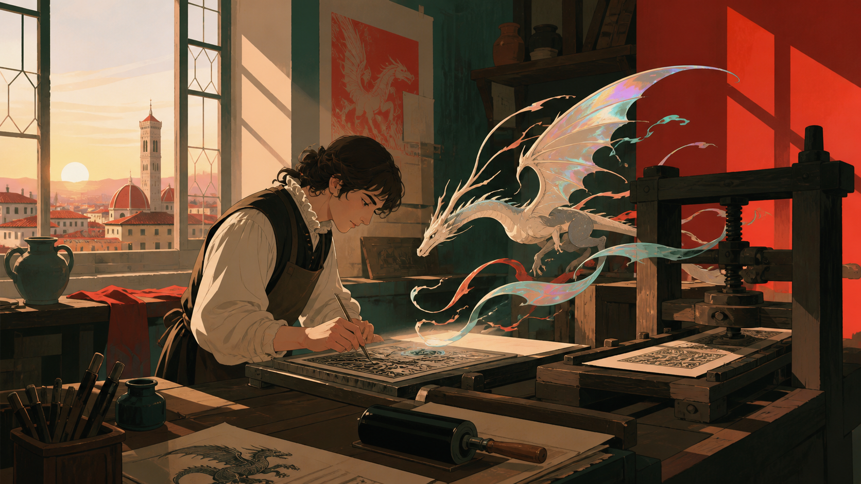 A Renaissance-era printmaker whose illustrated creatures leave the page at night, during ordinary work rather than a royal ceremony or battlefield. Painterly historical scene centered on work, place, and atmosphere. Verm
