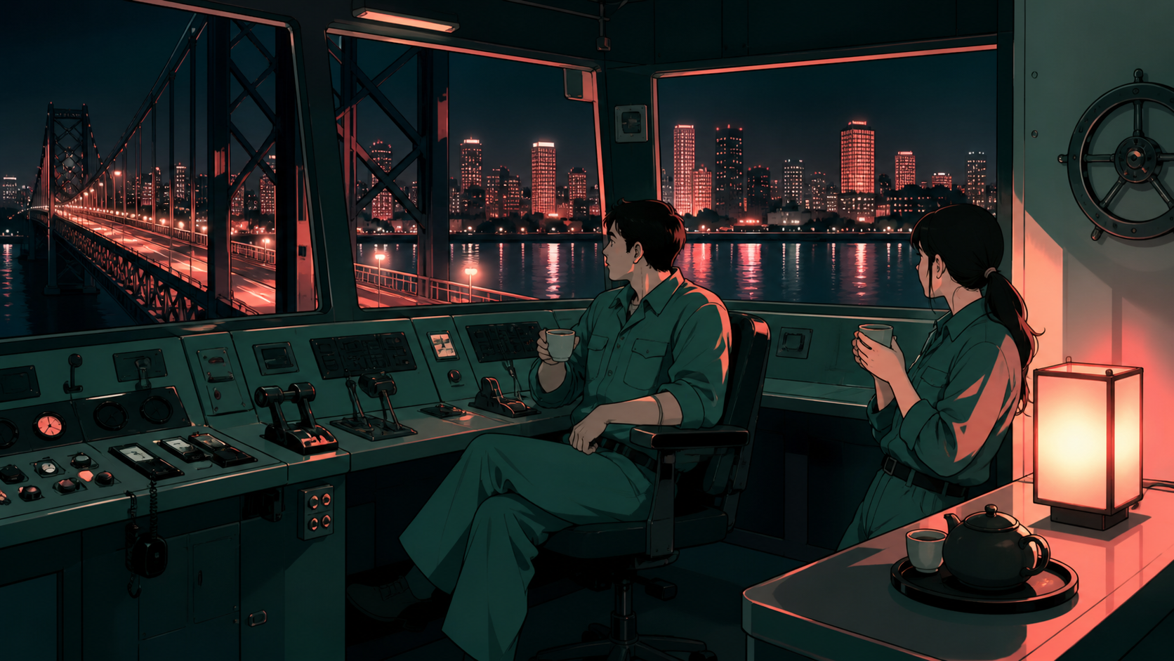 Two bridge operators sharing tea while a sleeping city crosses the river, during the private-feeling hour when public spaces belong to their workers. Wide quiet interior with one worker clearly anchoring the scale. Celad