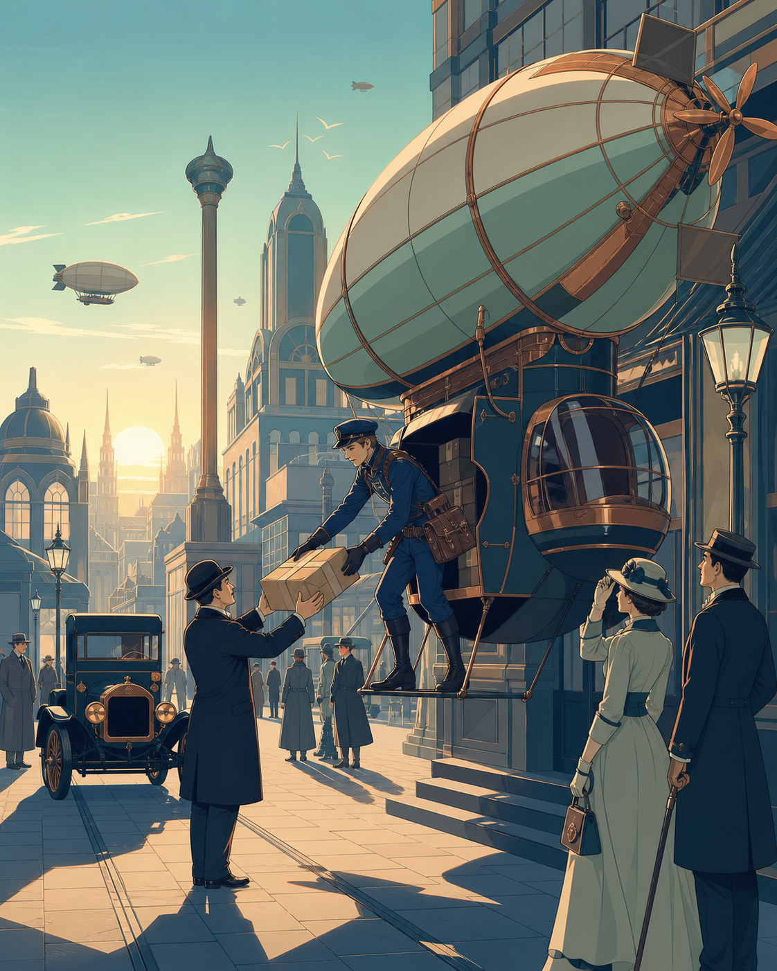 A 1920s city courier delivering packages by compact personal airship, at a quiet moment before the invention changes ordinary life. Wide period street scene centered on the alternate technology in use. Moonlit indigo, ox