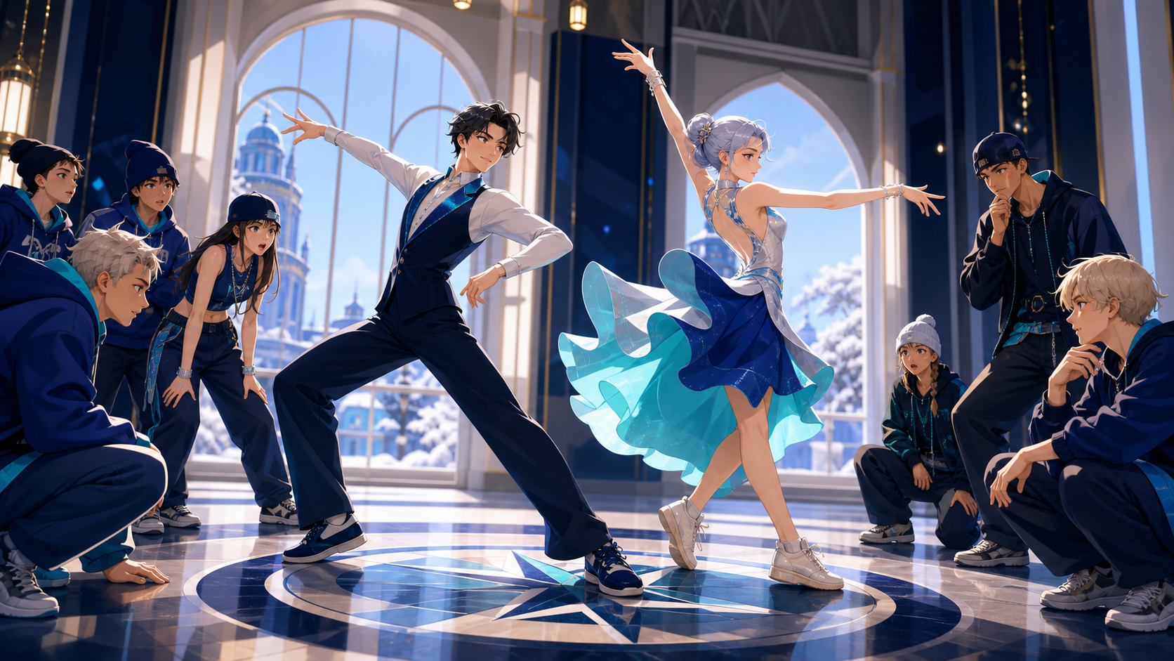 A ballroom pair answering a hip-hop crew with playful choreography, on a clean open floor where complete body movement remains readable. Ensemble reaction frame with one dancer suspended at the focal instant. Ultramarine
