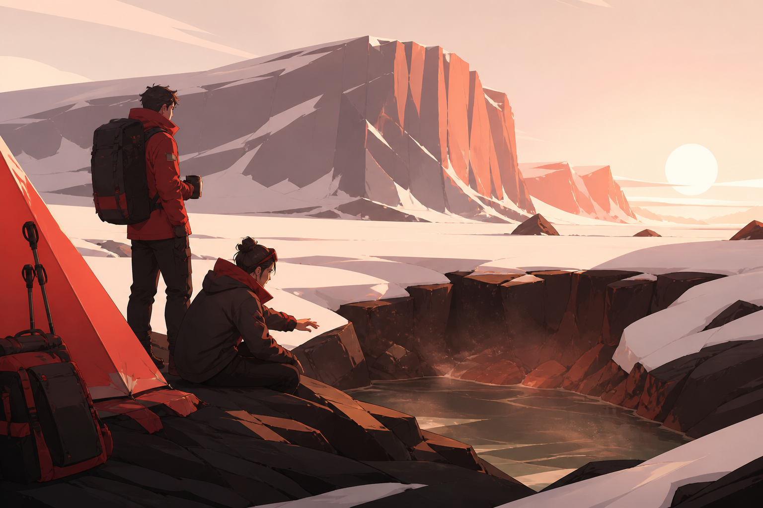 Two adult hikers locating a warm spring beneath a frozen plateau, shown through preparation and curiosity rather than peril. Medium camp scene opening onto a monumental distant view. Crimson, black cherry, muted bronze, 