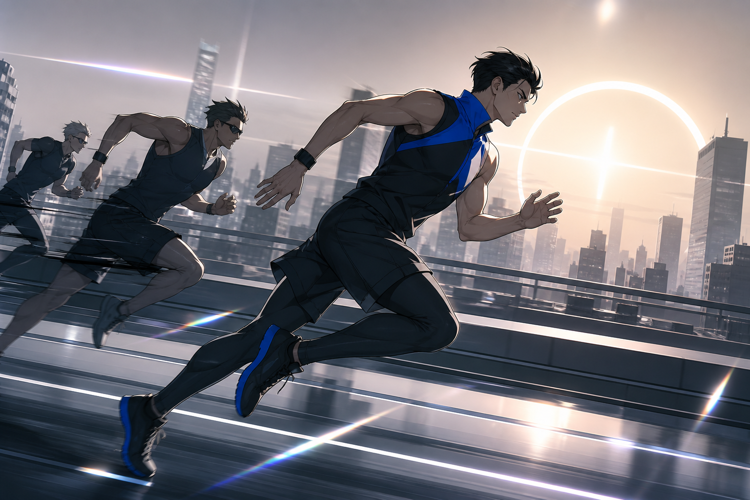 Adult rooftop runners racing across a dense sunset city, during a decisive final stretch with the environment amplifying the speed. Long-lens frame compressing competitors and terrain into layered motion. Soft monochrome