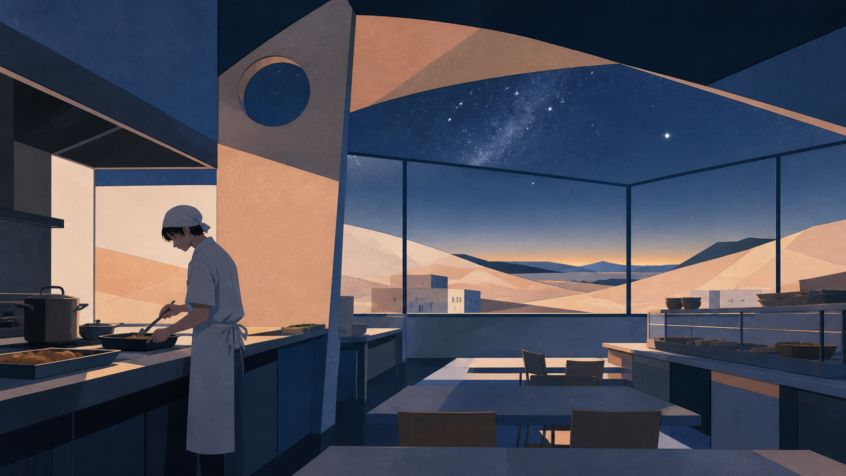 A hospital cafeteria cook preparing breakfast before the first commuters arrive, at the first hint of morning after a long uneventful shift. Wide quiet interior with one worker clearly anchoring the scale. Sun-bleached p