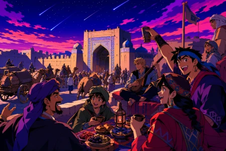 Camel caravans reaching a monumental gate after a winter crossing, during a night when strangers become a temporary community. Intimate rooftop gathering beneath a vast geometric n
