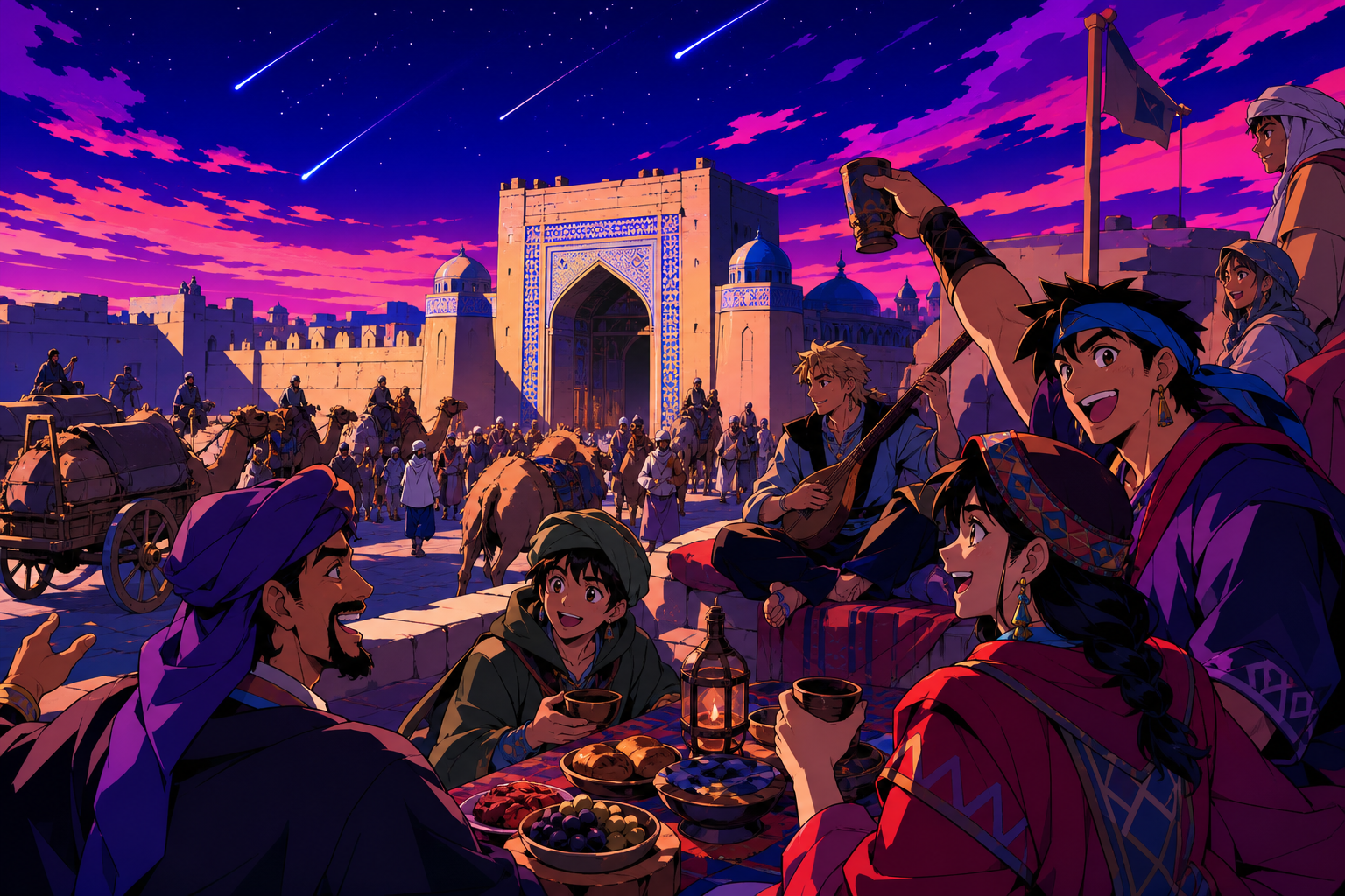 Camel caravans reaching a monumental gate after a winter crossing, during a night when strangers become a temporary community. Intimate rooftop gathering beneath a vast geometric night sky. Saturated magenta, electric cy