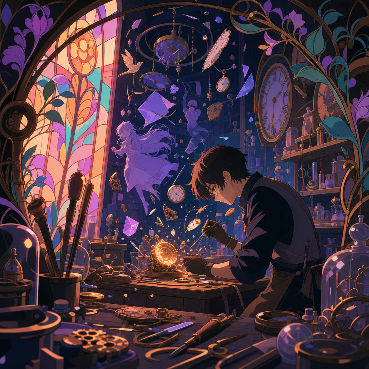 A clock repair shop specializing in broken moments rather than machines, after hours when unfinished creations quietly become active. Close observational composition layered with tools in foreground and active work behin