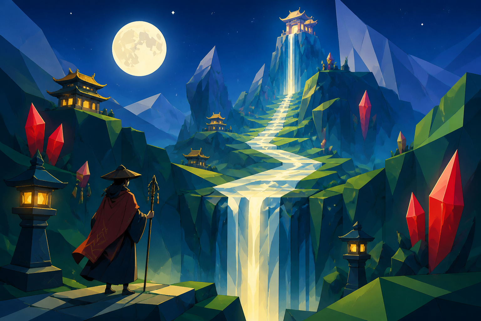 A shrine keeper following a river that briefly flows upward, as moving water creates one clean visual path through the landscape. Epic wide landscape with the waterfall forming a strong vertical anchor. Emerald, stained-