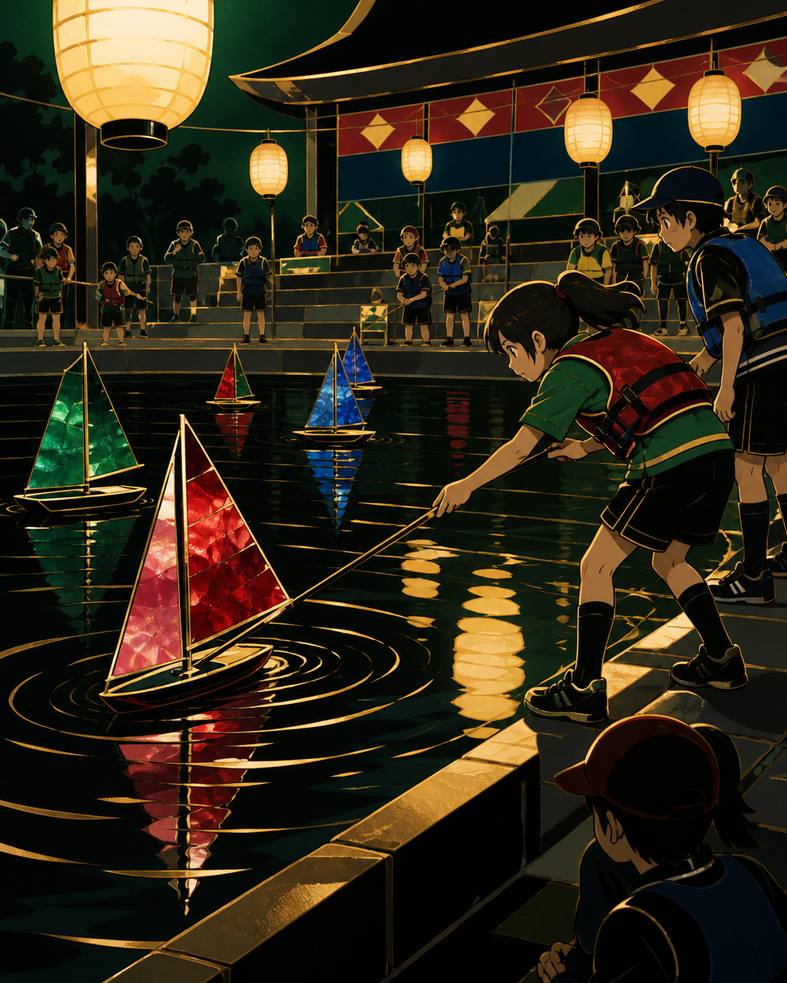 Children guiding handmade mini sailboats across a park pond, during a fair supervised competition centered on skill and friendship. Wide venue view centered on one decisive action. Emerald, stained-glass ruby, lapis, and