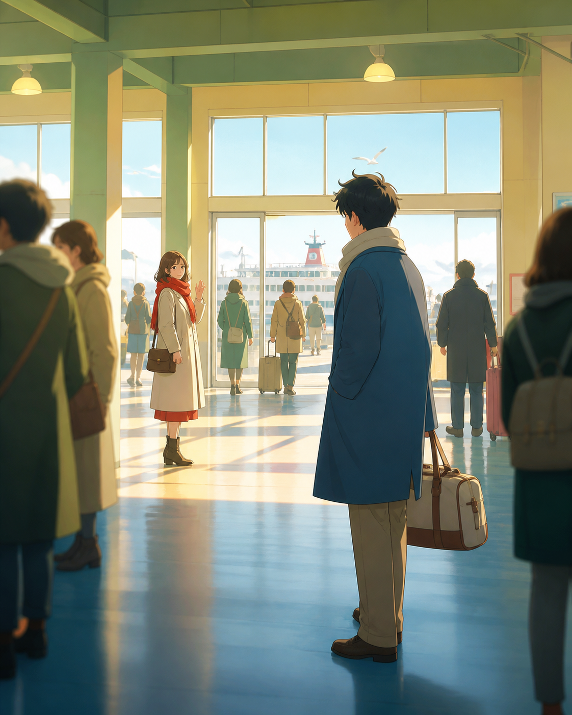Two adult travelers recognizing one another across a crowded ferry terminal, in a private-feeling moment surrounded by ordinary public life. Observational long shot where one small gesture becomes the focal point. Soft p