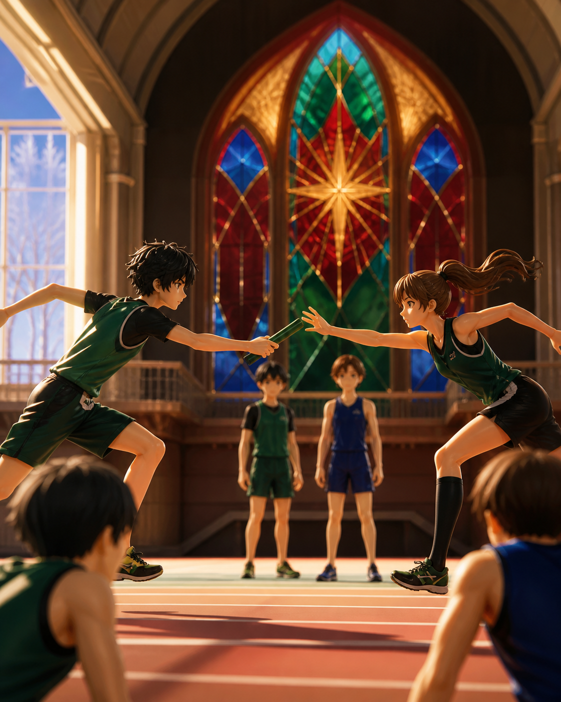 A school relay team coordinating the final baton pass, after an unexpected result brings both sides together. Side-on sports frame preserving accurate body mechanics. Emerald, stained-glass ruby, lapis, and luminous gold