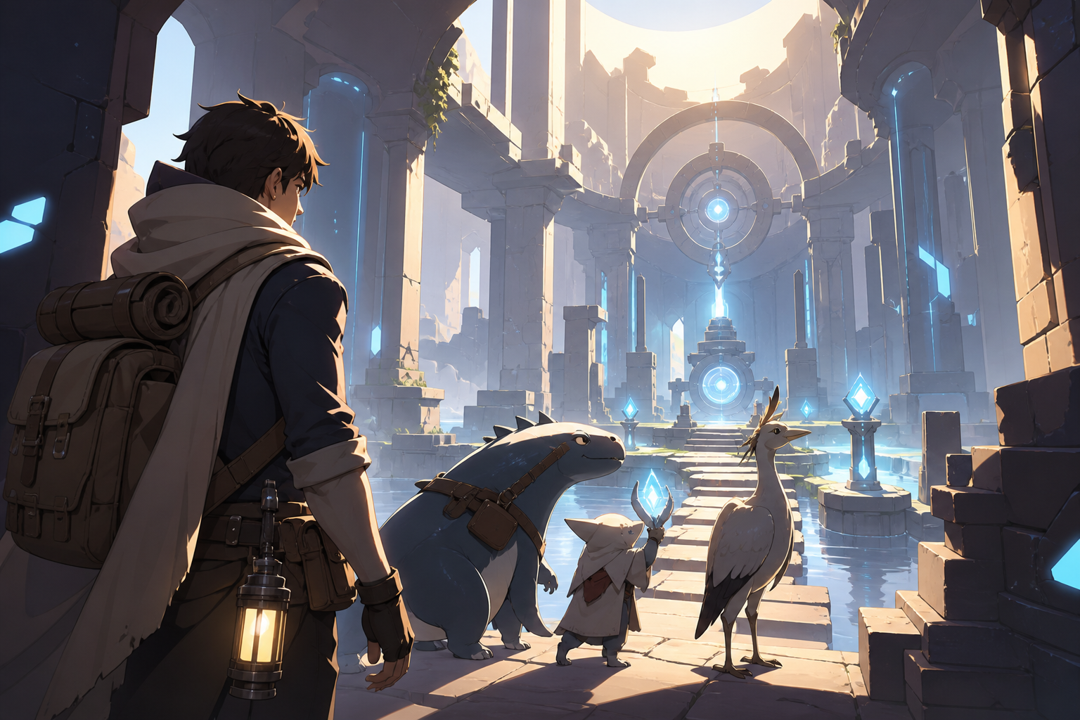 A weary guild escort guiding rescued creatures through bioluminescent ruins, solving an environmental obstacle through teamwork rather than combat. Over-the-shoulder discovery frame revealing a large navigable space. Sun