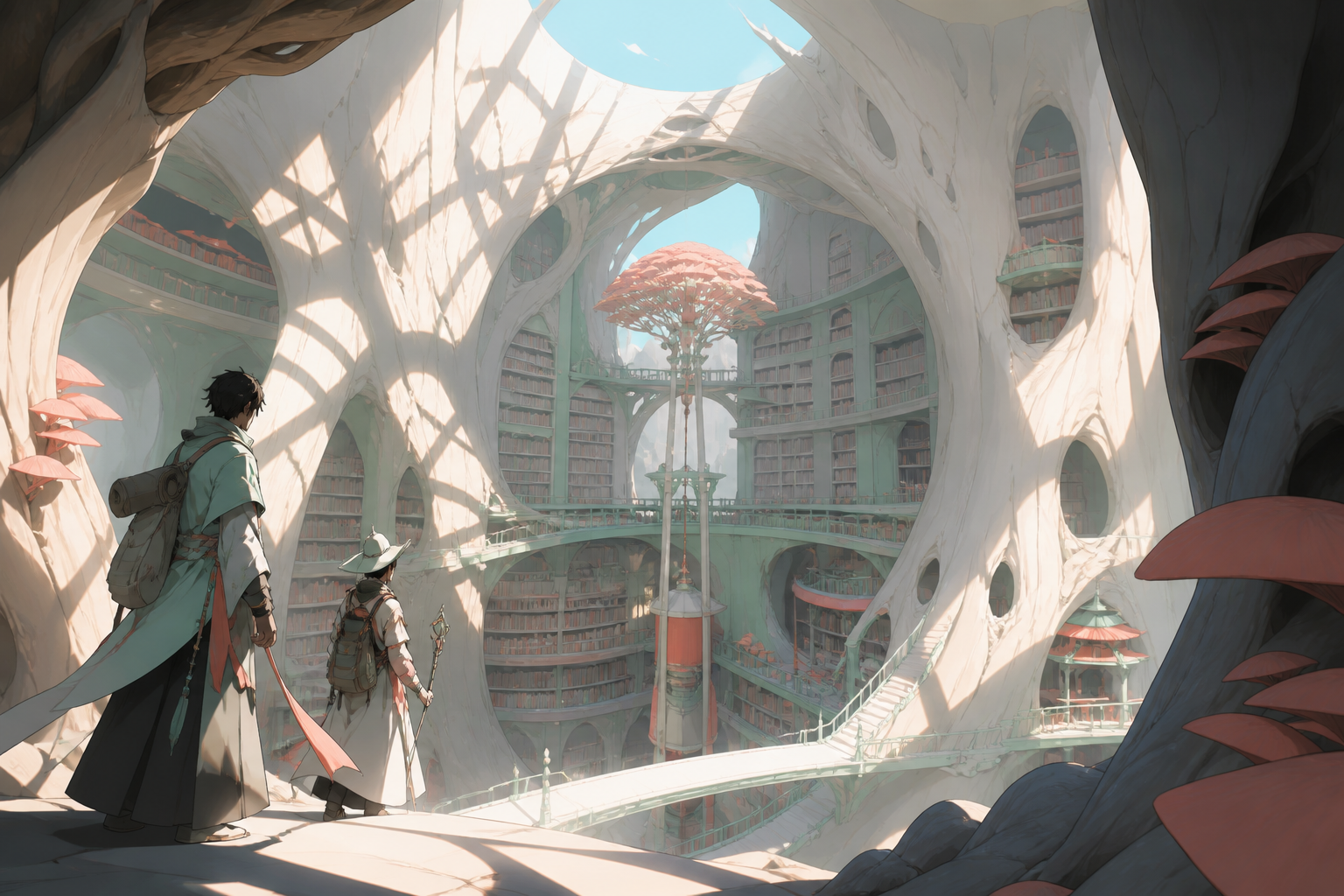 A vast library grown inside the hollow trunk of a world tree, with tiny travelers revealing the monumental scale. Wide landscape composition with dramatic foreground framing. Celadon, coral pink, ink black, and rice-pape