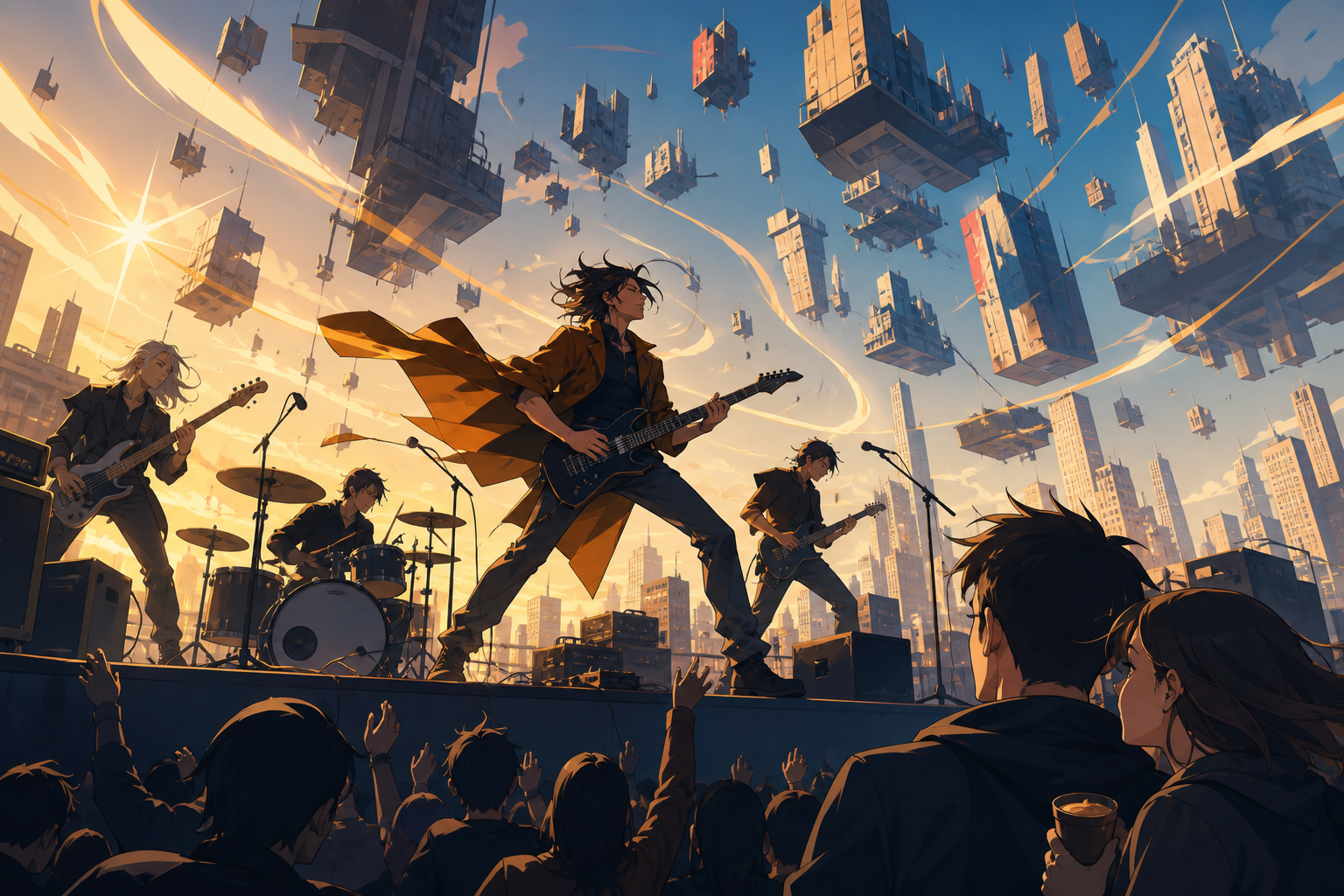 A rooftop rock band playing while the surrounding city slowly levitates, seen from within the audience as sound visibly transforms the environment. Dynamic stage-wide frame with movement radiating from the lead performer