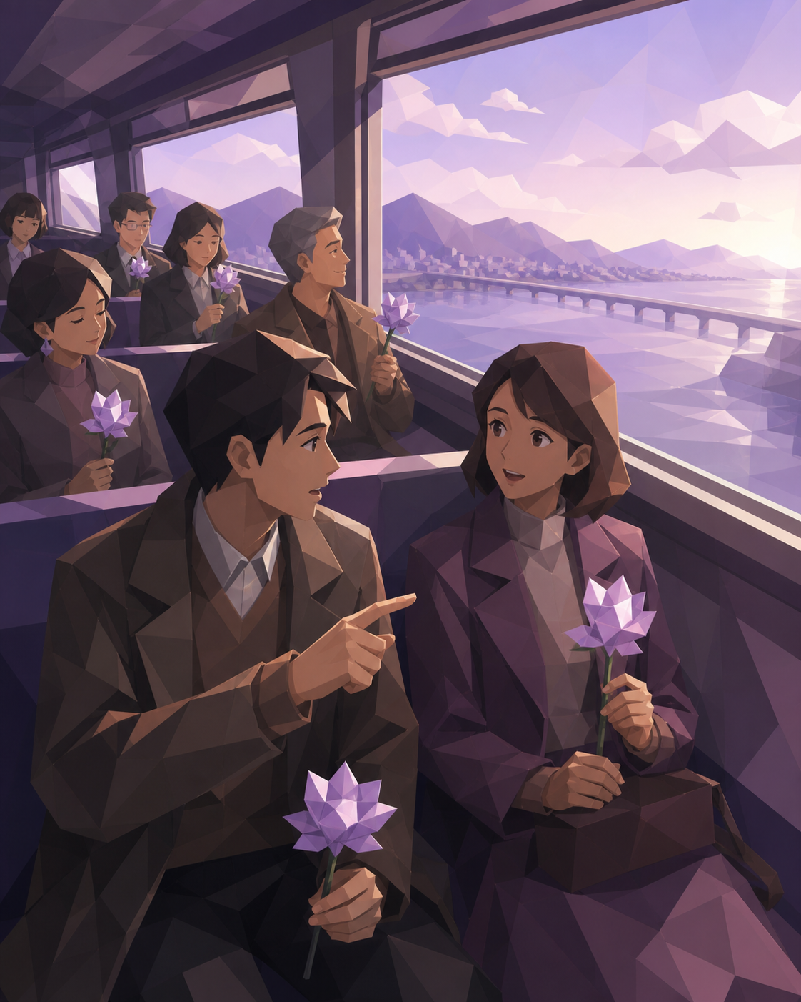 Two adult commuters realizing every passenger has brought the same flower, when one shared observation changes the atmosphere among the passengers. Window-side two-person composition with the journey visible beyond. Mulb