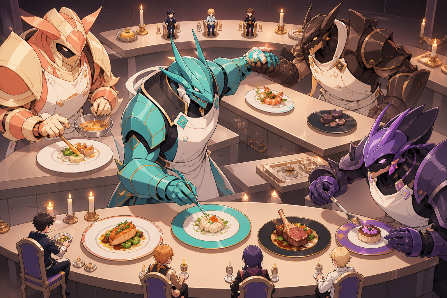 Monster chefs preparing elegant meals for very small human judges, when competitors pause to help one another finish safely. Overhead-leaning composition comparing several finished dishes. Apricot, orchid purple, pool tu