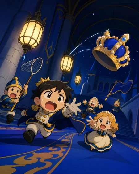 A tiny royal court attempting to catch a runaway crown, during a harmless crisis treated with complete dramatic seriousness. Low heroic angle that humorously exaggerates the tiny c