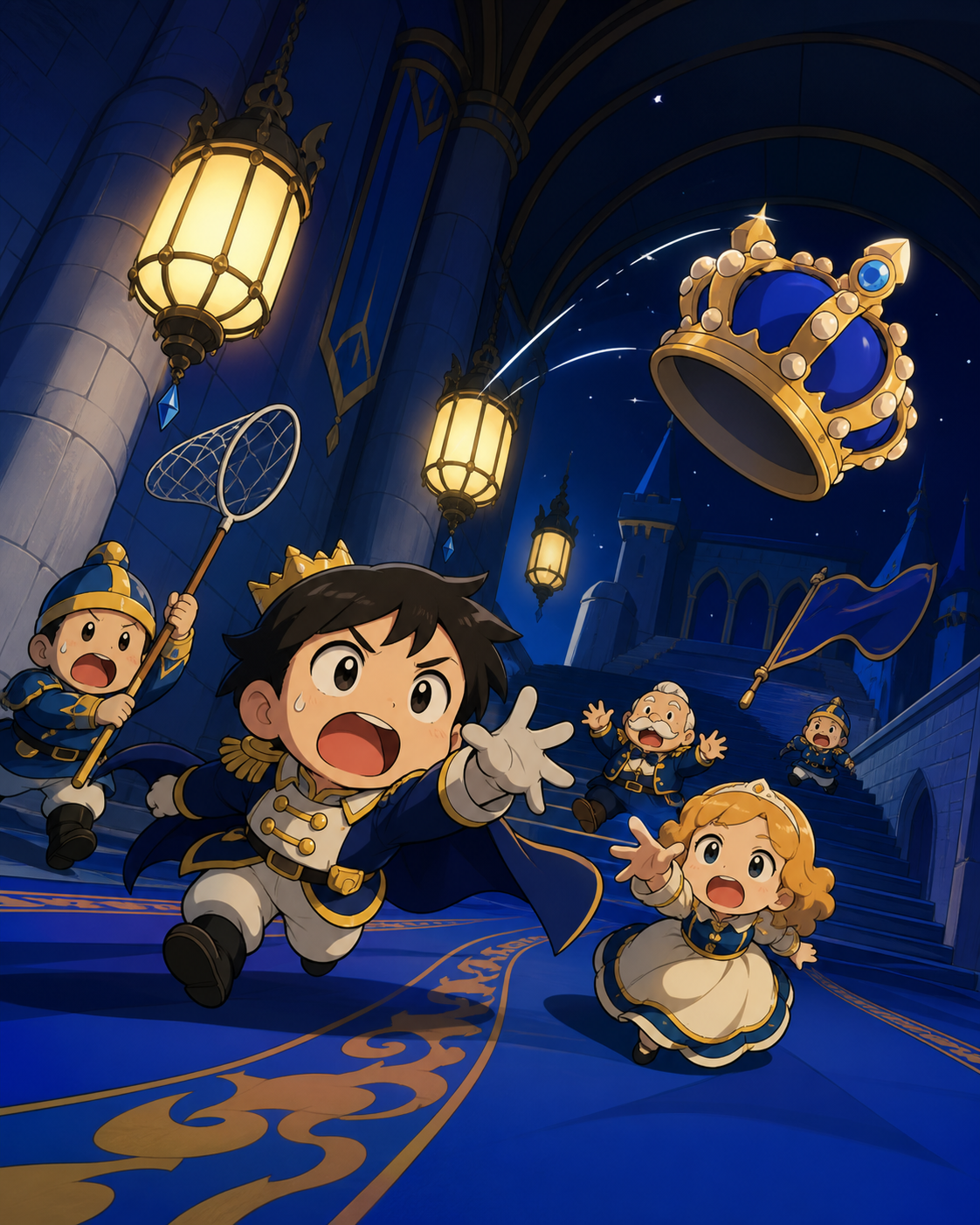 A tiny royal court attempting to catch a runaway crown, during a harmless crisis treated with complete dramatic seriousness. Low heroic angle that humorously exaggerates the tiny characters. Ultramarine, bioluminescent t