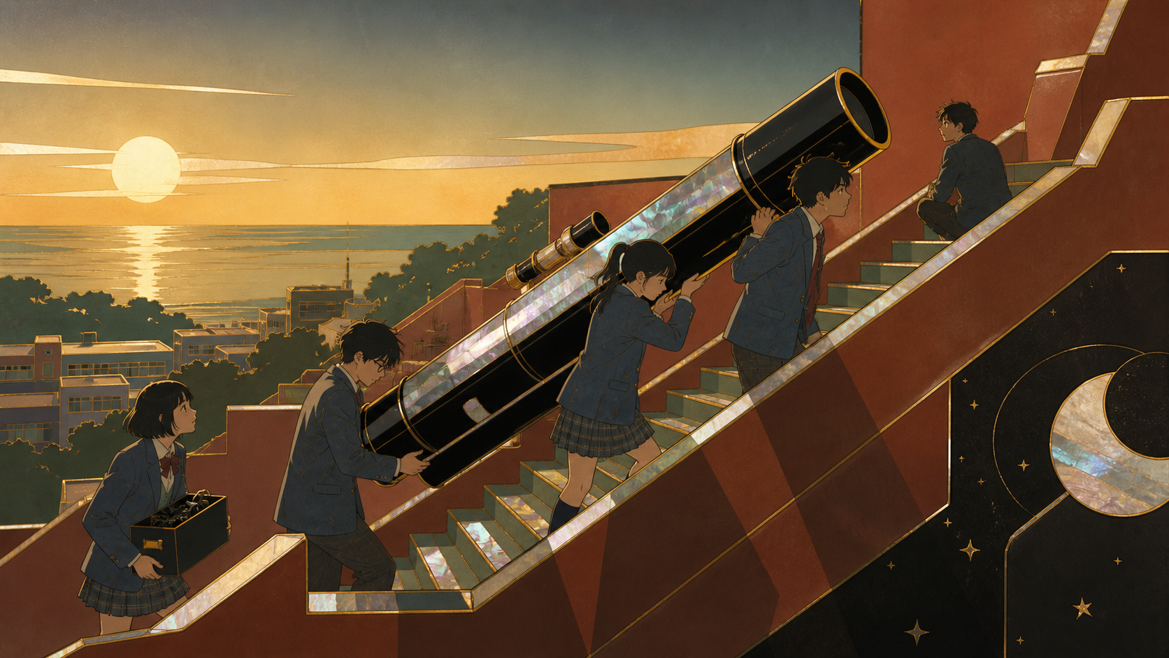 The astronomy club carrying a telescope up too many stairs, on a regular weekday that becomes unexpectedly memorable. Room-wide ensemble composition organized around the club activity. Clay red, sage, faded denim, and su