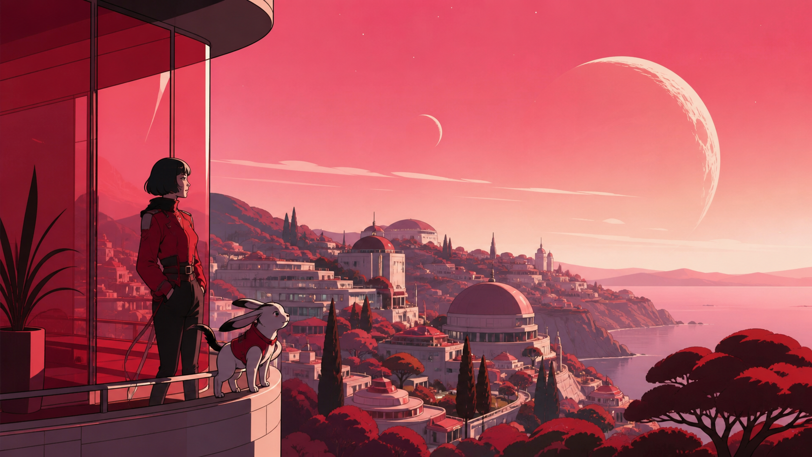 A hillside town waking beneath the first impossible pink snowfall, shown during a fleeting natural event residents quietly anticipate each year. Tranquil landscape panorama with a strong foreground-to-distance rhythm. Cr