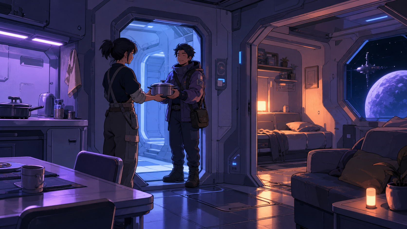 A spacecraft neighbor returning a borrowed cooking pot during artificial night, at the peaceful end of a long work shift. Observational domestic scene composed through connected compact rooms. Pale lavender, icy blue, gr