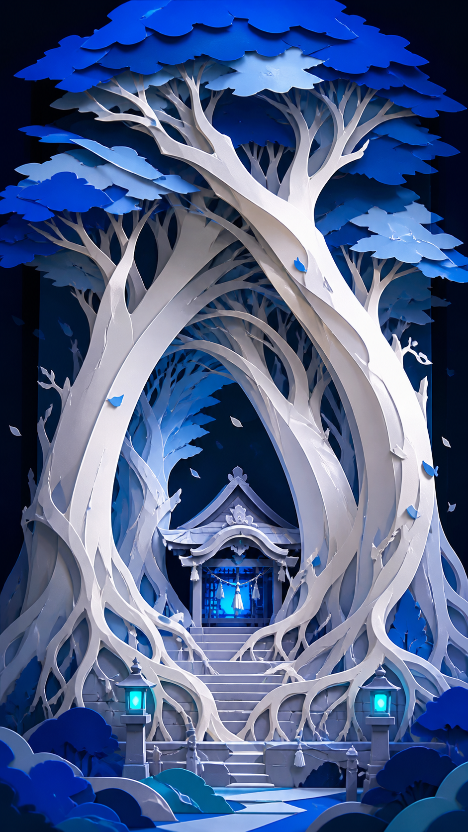 A grove of smooth white trees bending together to protect a small shrine, during a seasonal change represented through broad color masses. Vertical hero view showing the full tree from roots to crown. Ultramarine, biolum
