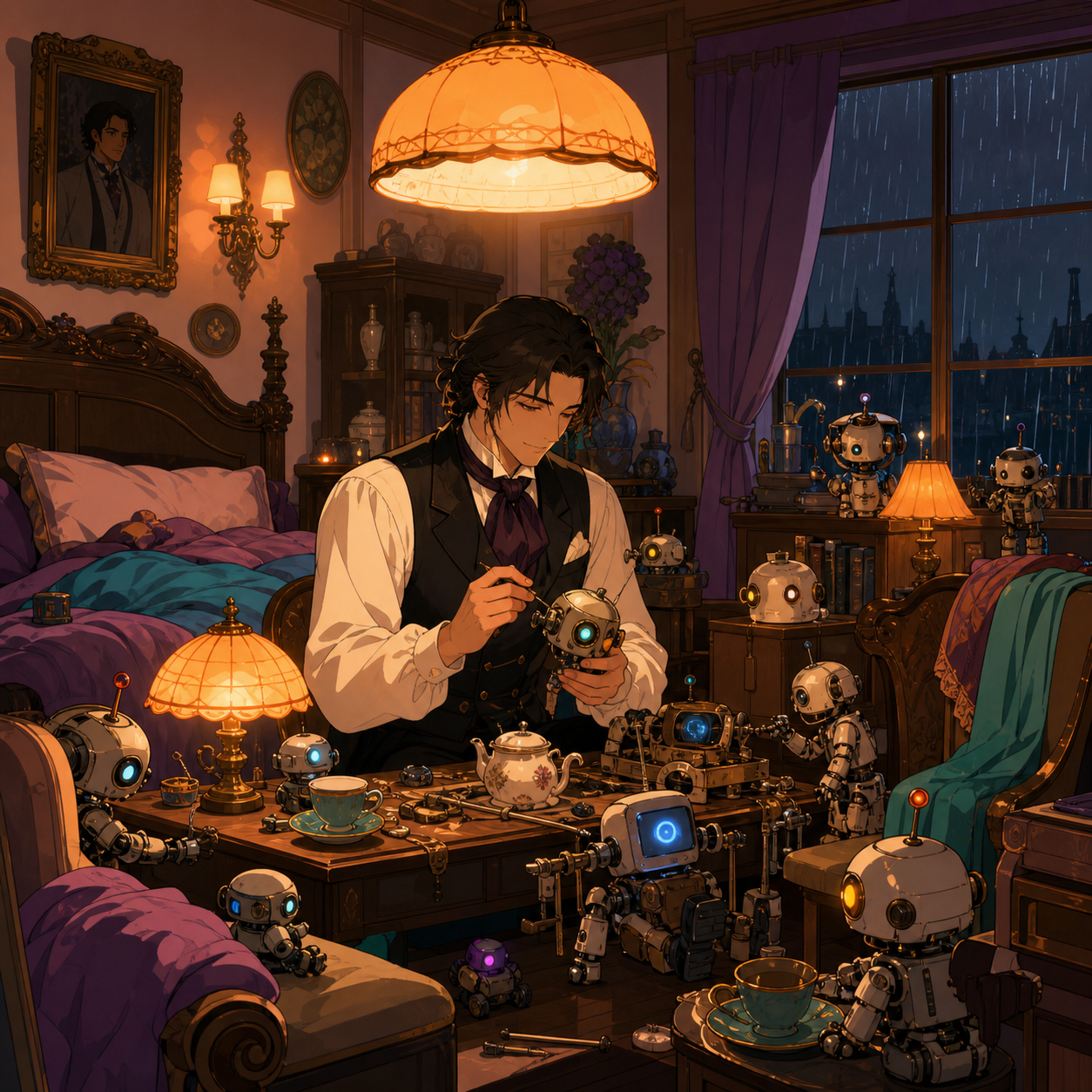 A cluttered bedroom workshop where miniature robots repair one another, during a rainy evening with every warm light switched on. Inviting room-wide composition with several discoverable details. Apricot, orchid purple, 