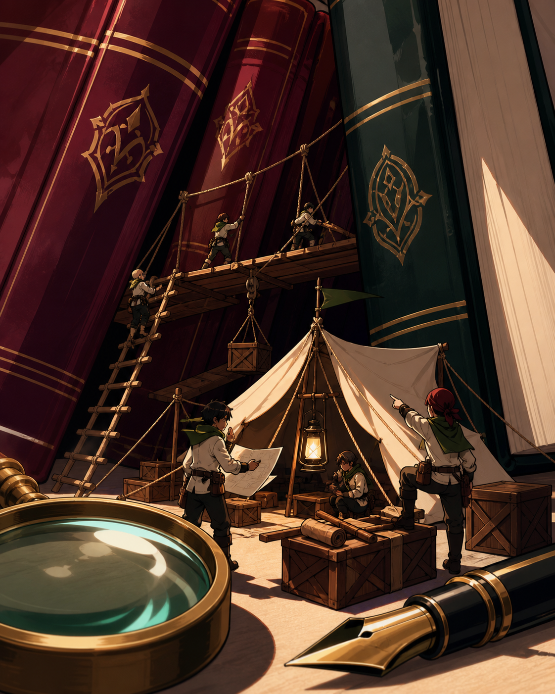 Tiny explorers establishing a camp between enormous library books, observed at close range with ordinary objects revealing the tiny scale. Macro diorama composition with one ordinary object anchoring scale. Burgundy, mid