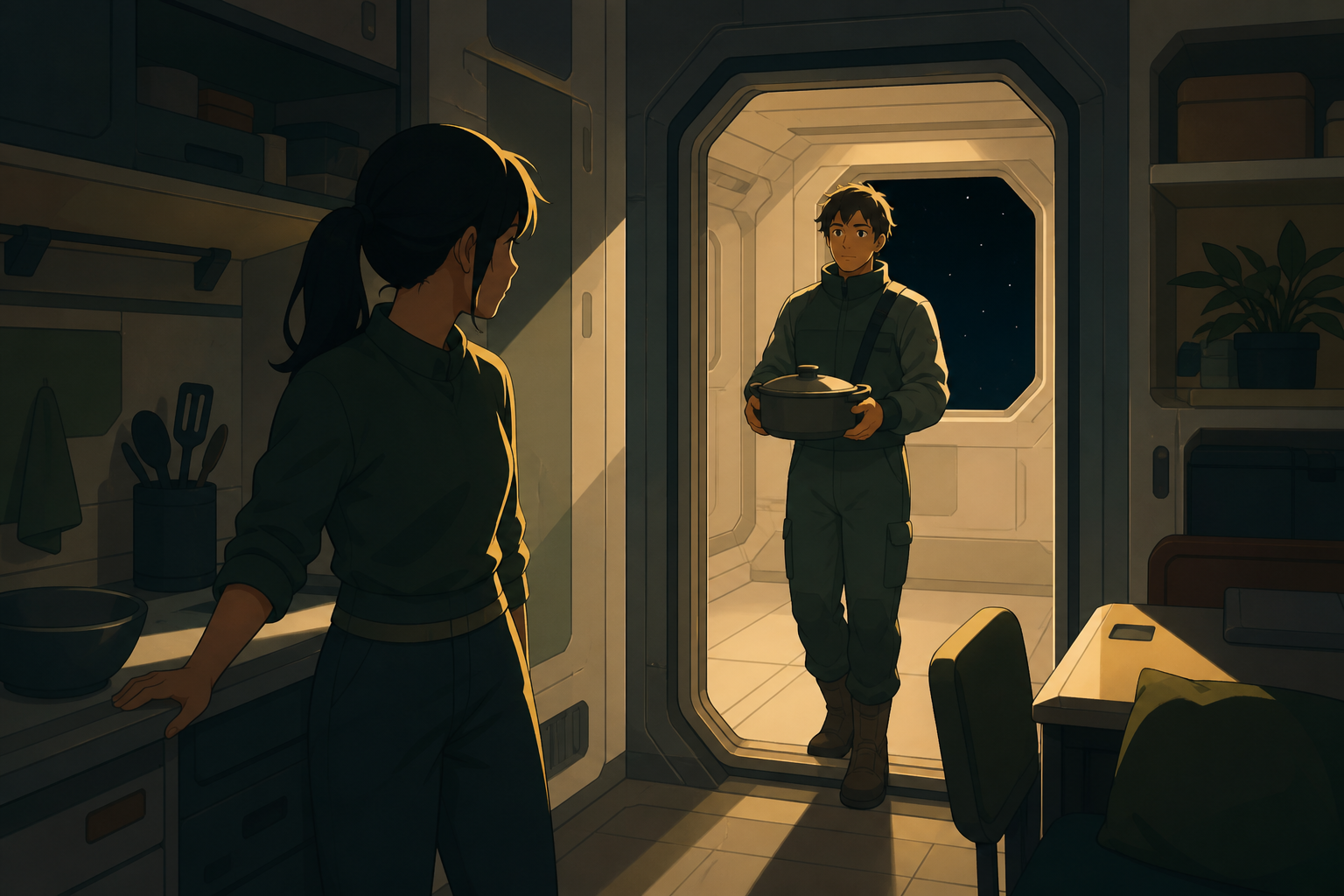 A spacecraft neighbor returning a borrowed cooking pot during artificial night, while distant space remains a quiet backdrop rather than the main event. Observational domestic scene composed through connected compact roo