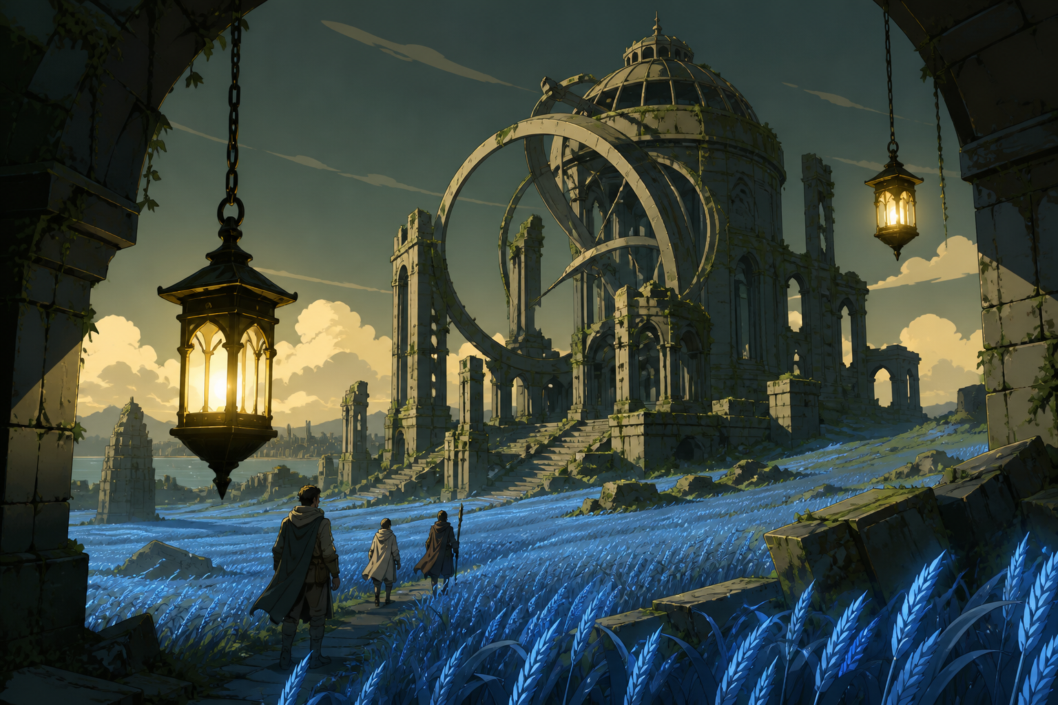 A ruined observatory surrounded by fields of luminous blue wheat, with tiny travelers revealing the monumental scale. Wide landscape composition with dramatic foreground framing. Moss green, slate gray, mushroom cream, a