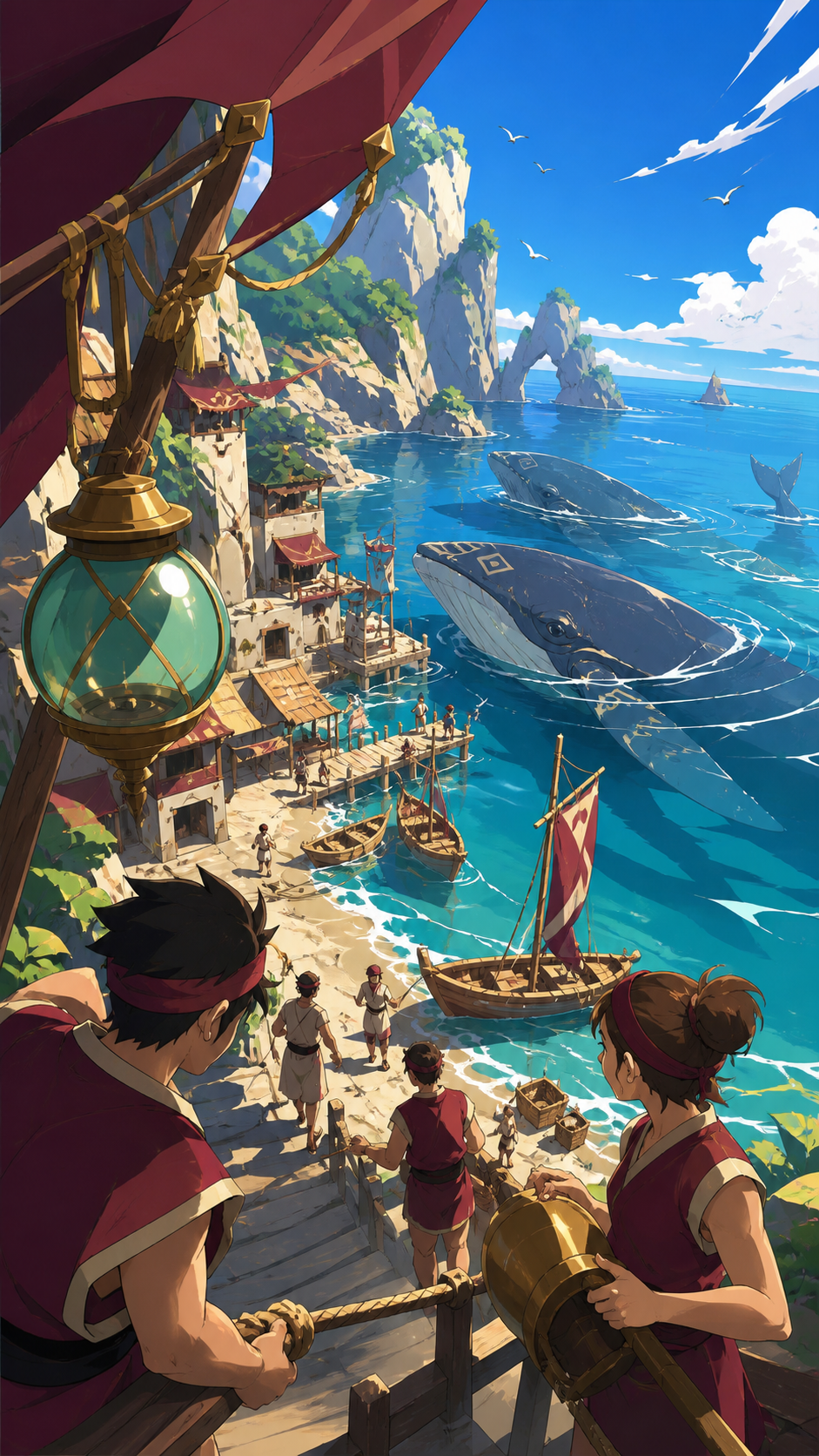 A coastal village preparing for the annual arrival of gentle sea giants, under clear morning light with every route easy to read. Elevated coastal composition balancing settlement, water, and landmark. Burgundy, midnight