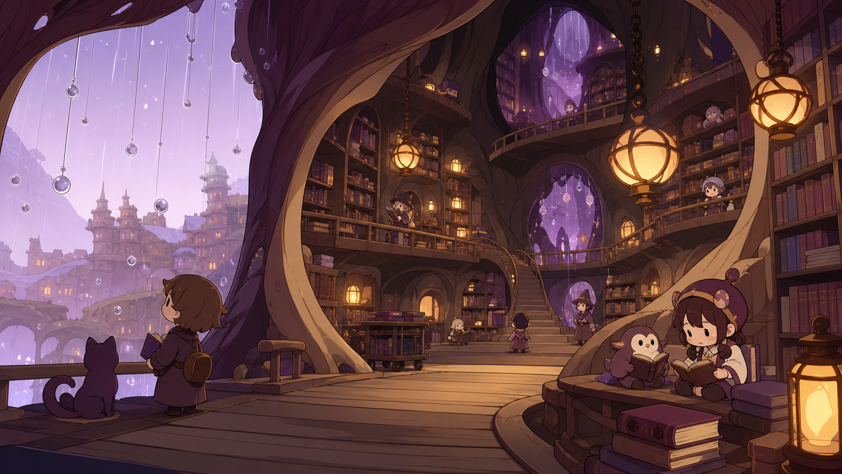 A vast library grown inside the hollow trunk of a world tree, during gentle rainfall that turns into floating glass beads. Epic establishing shot with a clear visual path into the world. Mulberry, tea brown, tarnished si