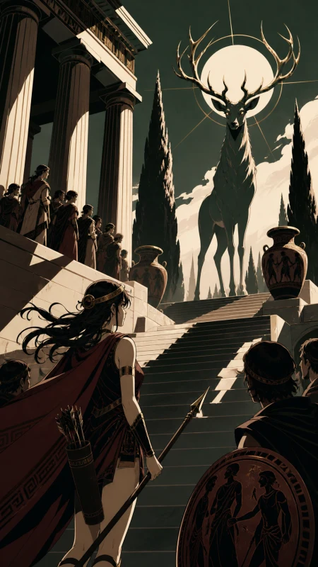 A huntress meeting a moonlit stag taller than a cypress tree, during a dangerous voyage where cleverness matters more than strength. Steep temple composition leading from a crowd t