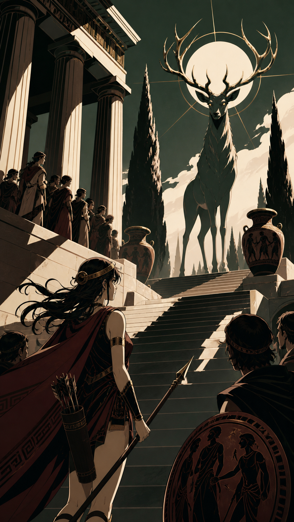 A huntress meeting a moonlit stag taller than a cypress tree, during a dangerous voyage where cleverness matters more than strength. Steep temple composition leading from a crowd toward a supernatural event. Burgundy, mi