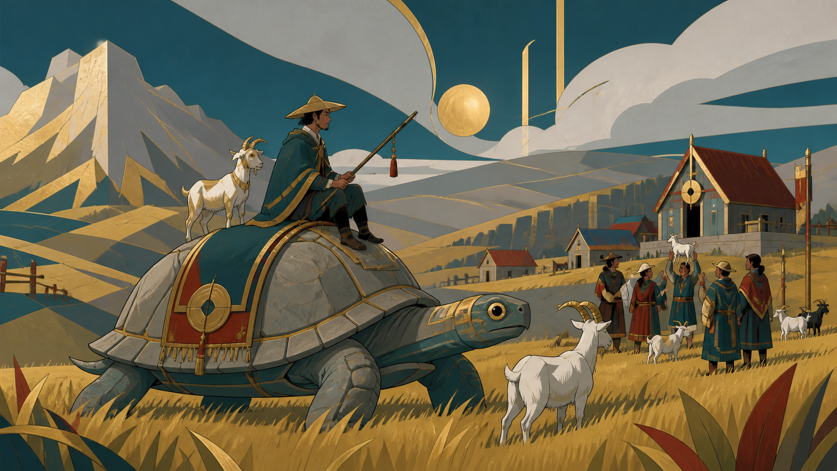 A goat herder crossing high grasslands on the back of a patient stone turtle, when one small natural irregularity becomes a village event. Wide pastoral scene with work activity guiding the eye across the land. Petrol bl