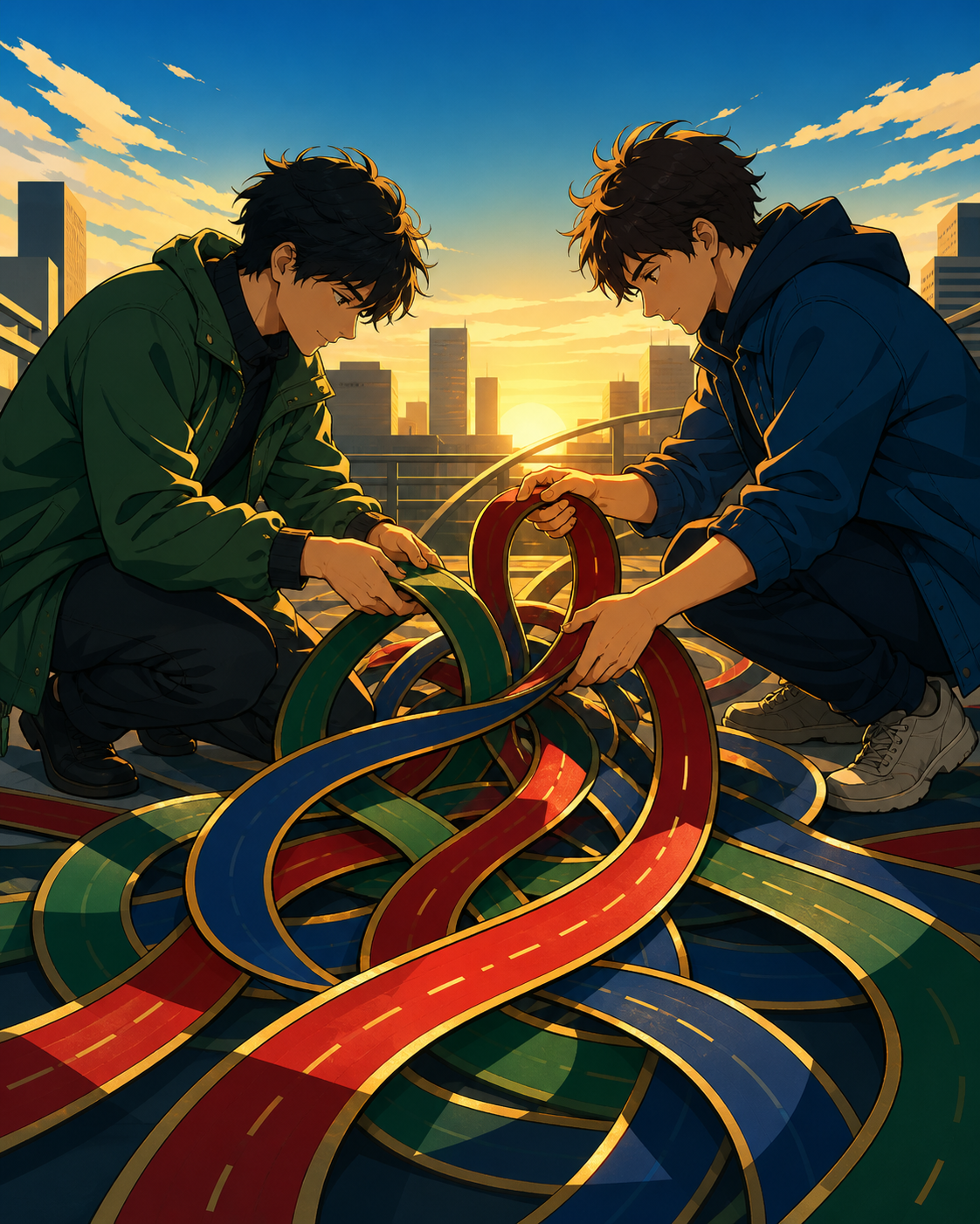 Two friends untangling a shared maze made from ribbon-like roads, during an ordinary action whose symbolic meaning is immediately legible. Poetic centered composition built around one symbolic action. Emerald, stained-gl