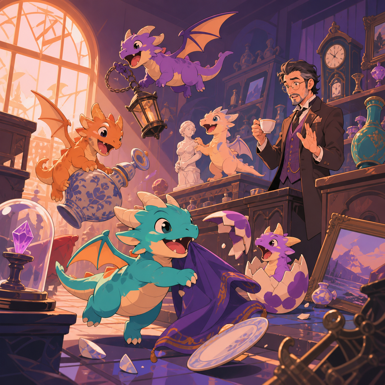 Newly hatched pocket dragons turning a quiet antique shop upside down, in the middle of an escalating but harmless disaster. Ensemble comedy tableau with several connected visual jokes. Apricot, orchid purple, pool turqu