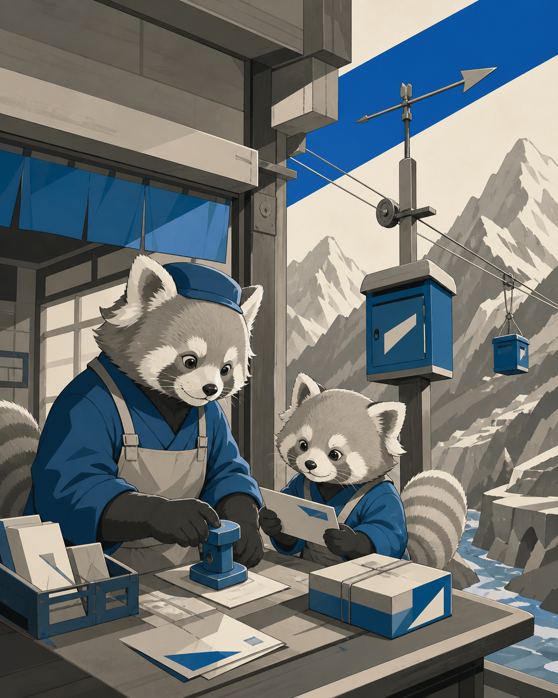 A red panda family operating a tiny mountain post office, at a seasonal transition that changes the community routine. Balanced human-and-animal two-shot with shared task visible. Soft monochrome with a single saturated 