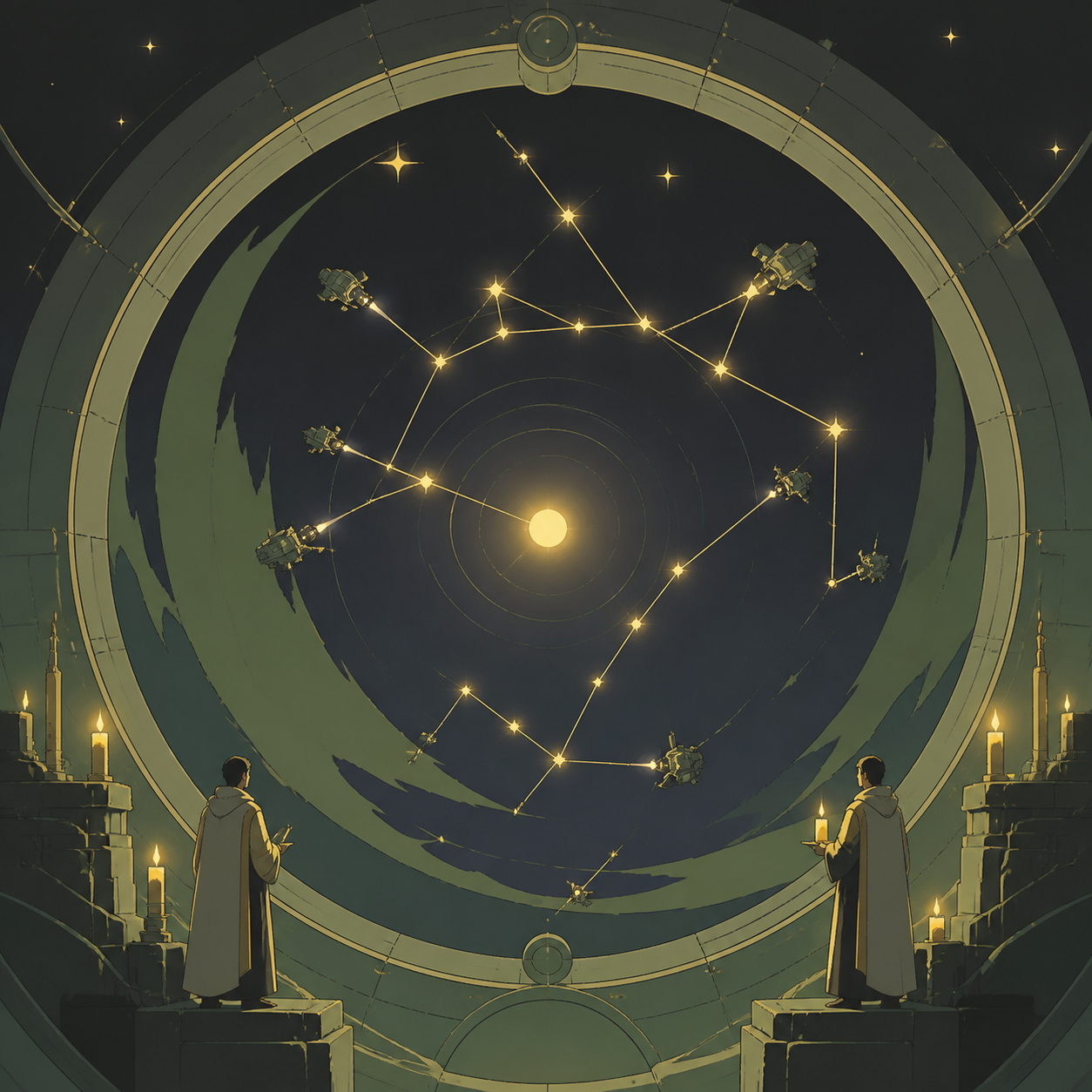 A constellation being carefully stitched back together by tiny maintenance ships, at the calm center of a vast gravitational phenomenon. Graphic celestial composition organized around a bold circular form. Moss green, sl