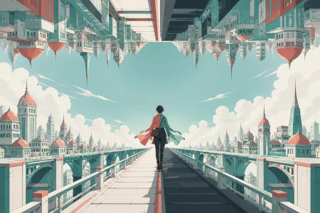 A bridge connecting cities that face one another across open air, as a traveler crosses the point where gravity changes direction. Character-level composition at the exact gravity 