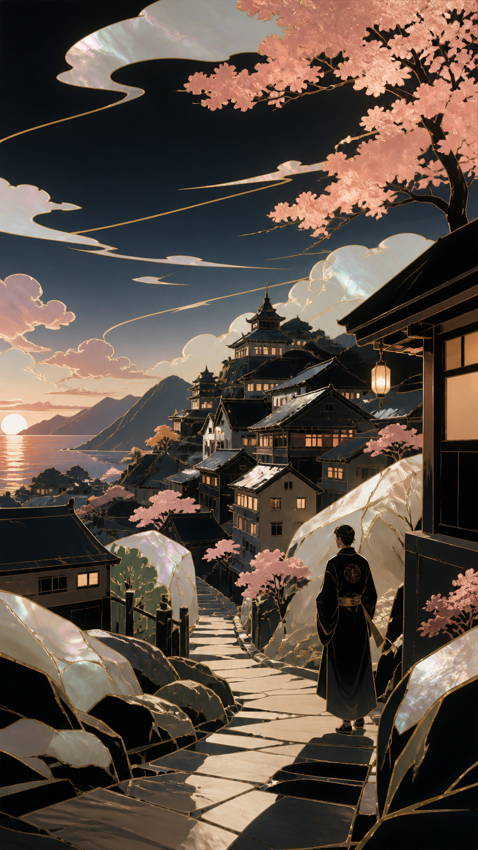 A hillside town waking beneath the first impossible pink snowfall, shown during a fleeting natural event residents quietly anticipate each year. Vertical scenic composition following a path through several elevations. Mo