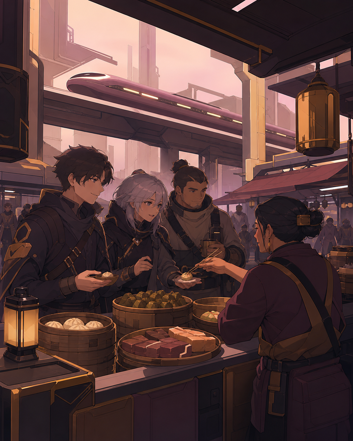 Travelers sampling street food beneath an elevated maglev line, near closing time when vendors share food and reset their stalls. Close counter scene framed by product shapes and expressive customers. Muted rose, parchme