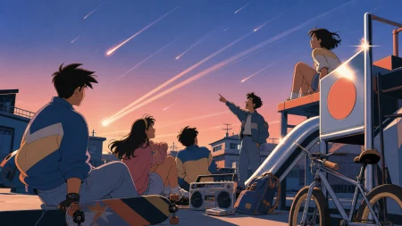 Friends watching a meteor shower from a neighborhood playground, on the final evening of a familiar season. Observational side view that feels candid rather than posed. Sun-bleache