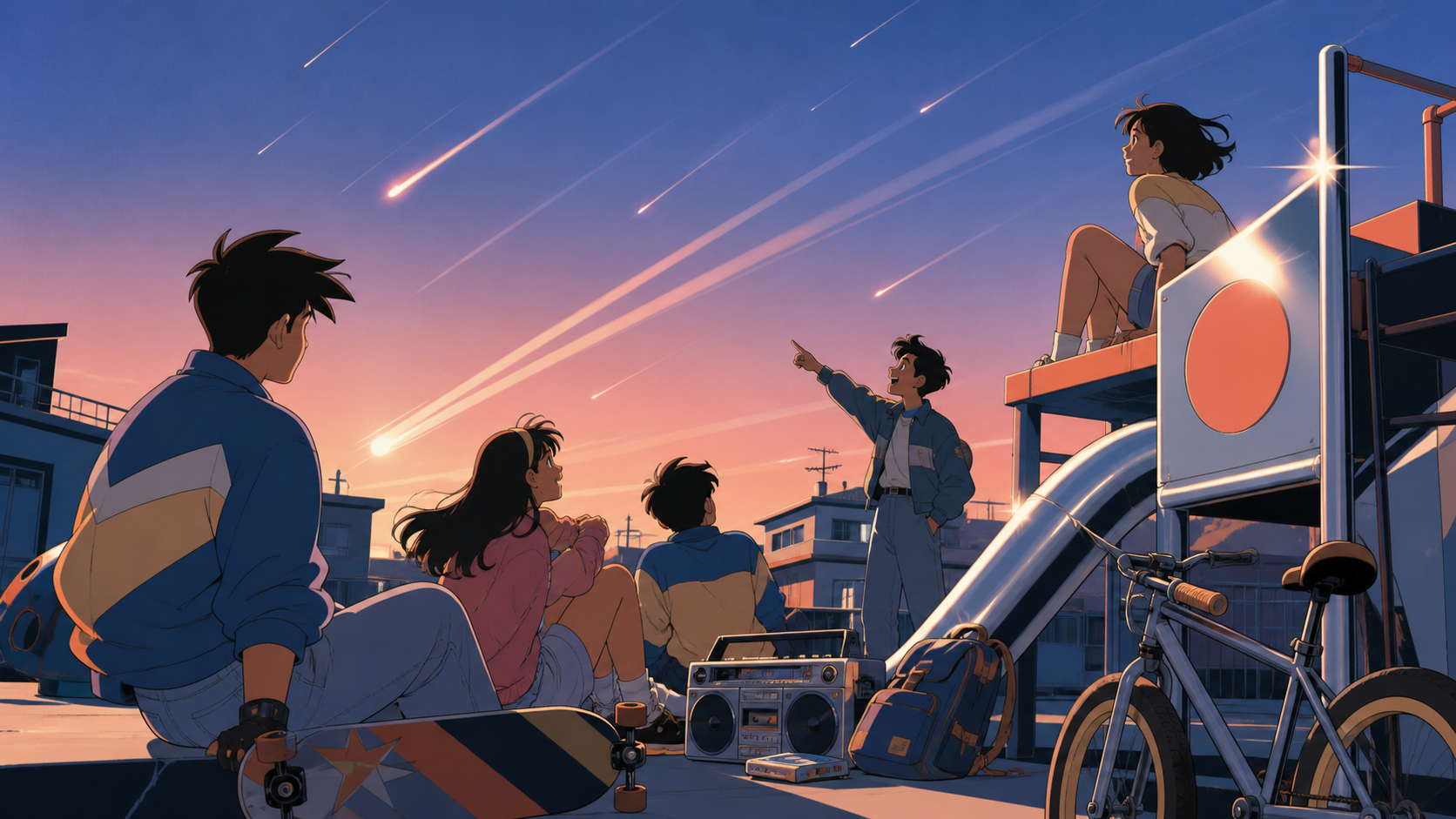 Friends watching a meteor shower from a neighborhood playground, on the final evening of a familiar season. Observational side view that feels candid rather than posed. Sun-bleached peach, desert ochre, cool shadow blue,
