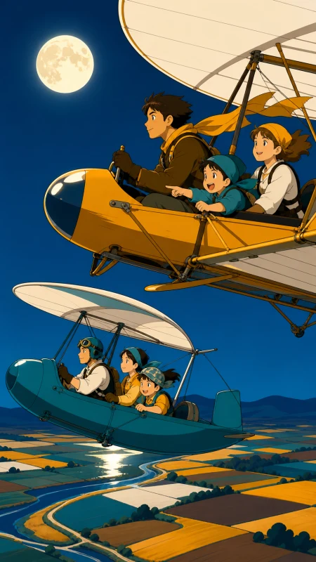 Families competing in colorful homemade airships above farmland, as changing winds force every competitor to choose a different route. Close side view of two racers against a simpl