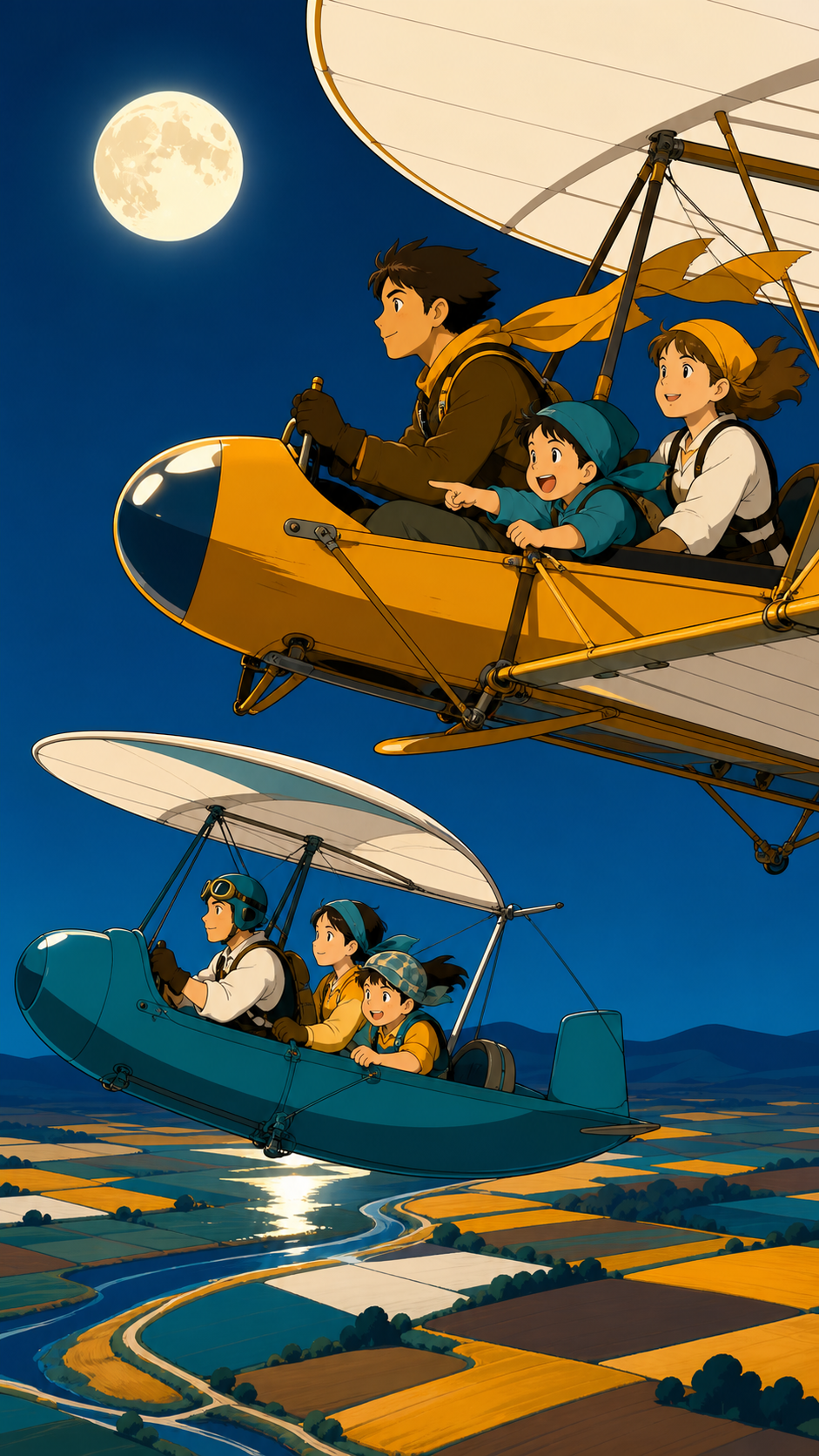 Families competing in colorful homemade airships above farmland, as changing winds force every competitor to choose a different route. Close side view of two racers against a simple distant landscape. Saffron, peacock bl